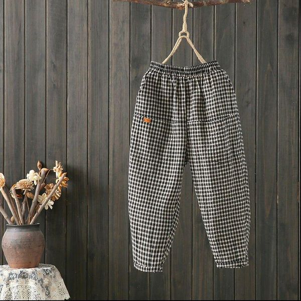 

summer fashion women elastic waist harem pants cotton linen plaid casual loose pants plus size vintage ankle length pants s737, Black;white