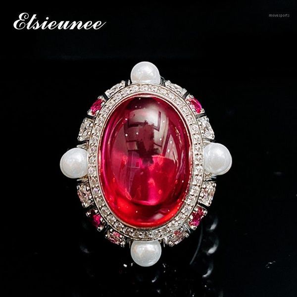 

cluster rings elsieunee 100% real 925 sterling silver big size ruby pearl wedding anniversary fine jewelry ring wholesale drop1, Golden;silver