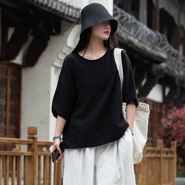 

women's polos spring and summer original cotton linen sleeve loose large size t shirt art thin, White