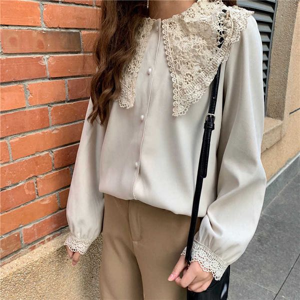 

elegant women lapel neck long sleeve loose lace up solid hollow out blouse crochet shirt pullover plus size 210601, White