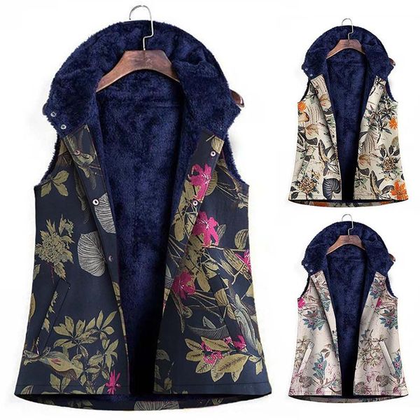 

women's vests women vintage warm waistcoat sleeveless retro printed slim fit vest jackets with pockets thicker hasp hooded coat 2021, Black;white