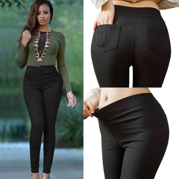 

plus size women pencil pants cotton trousers pocket slim jeggings denim skinny 210925, Black;white