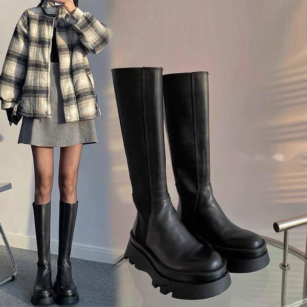 

boots women's 2021 selling thick soled boot british fashion simple and versatile medium tube knight chimney shoes, Black