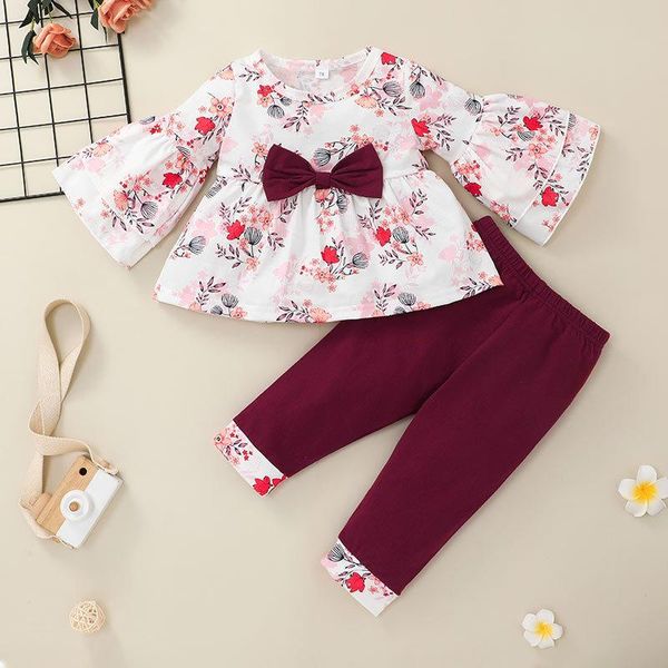

clothing sets autumn baby girl long sleeve pantsuit print bow cotton wine red set home casual wear 3m-24m x022, White