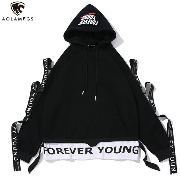 

aolamegs hoodies men fake 2 pieces plus velvet hooded high street pullover sweatshirt men fashion hip hop streetwear hoodie 201127, Black