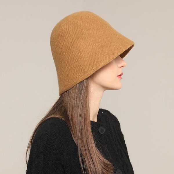 

wide brim hats high grade autumn winter female woolen british style elegance retro bucket for women trend basin cap, Blue;gray