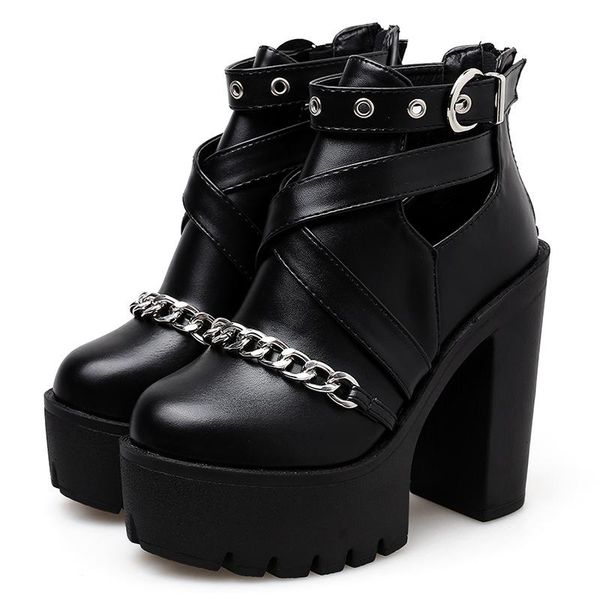 

dress shoes chain thick with 13cm gothic women's summer breathable leather punk style street high-heeled, Black