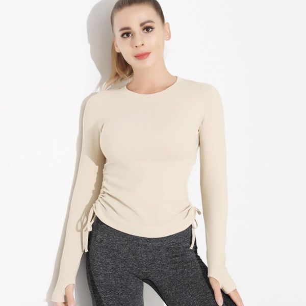 

yoga outfit woman sports for fitness shirts drawstring long sleeve t-shirts workout solid sport quick dry gym crop wear