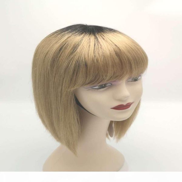 

xmh ombre human hair wig bangs strawberry blonde with natural black root 1b 27 two toned wigs for women 14-20, Black;brown