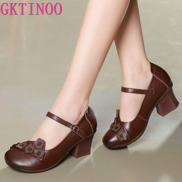 

dress shoes gktinoo 2021 spring women pumps retro lady 6cm high heels slip on flower handmade genuine leather, Black