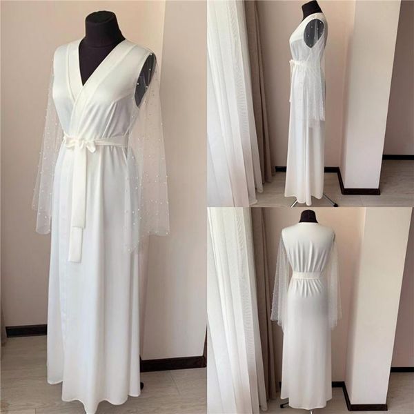 

wraps & jackets chic ivory satin silk night robes women pearls beading long sleeve poshoot dress both robe formal event overlay sleepwear, White