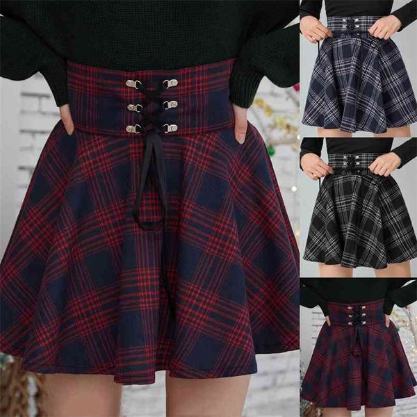 Moda Vintage Mulheres Scotland Plaid Bandage Alta Cintura Algodão Algodão Tartan Saia Sexy Manta Plissada S 210708