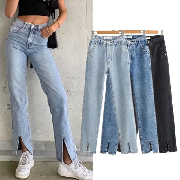 

2021 new high waist split wide leg pants women's straight jeans ws9016 k9wz, Blue