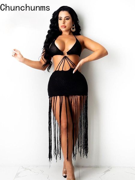 

women's swimwear white cut out halter backless knitted tassel bodycon evening dress women vacation beachwear summer 2021 party clubwear, White;black
