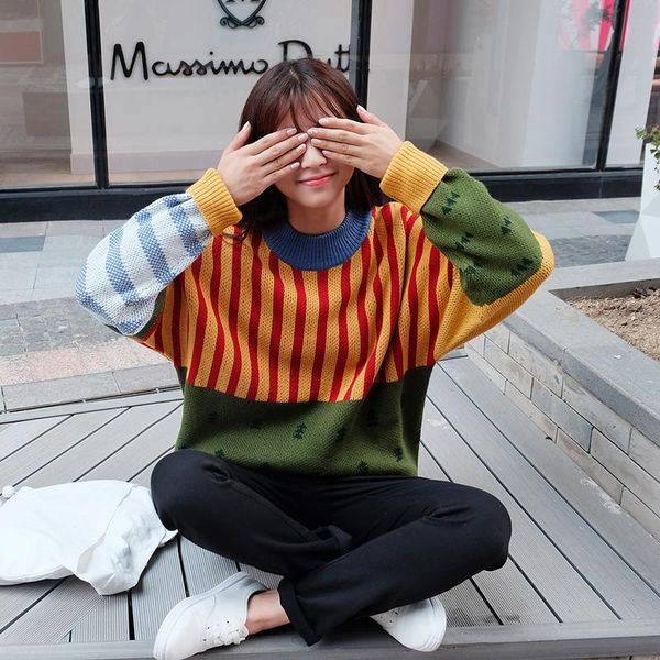 

women's sweaters female spring autumn korean arrival woman vintage hit color stripe loose pullover sweater casual jumpers, White;black