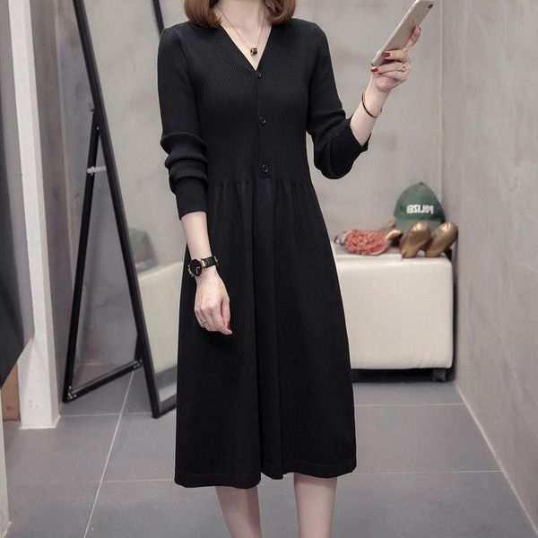 

casual dresses black dress long sleeve midi fashion v neck knitted sweater shirt for women autumn winter all match jumper 2021 m193, Black;gray