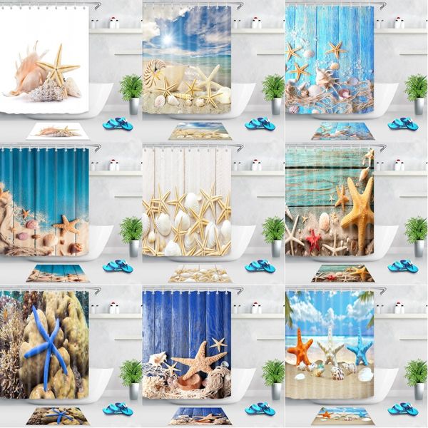Starfish Conch Chuveiro Cortina Blue Sea Beach Impressão impermeável Banheiro Chuveiro Cortinas Poliéster Tecido 180cm Seaside Bathroom Decor
