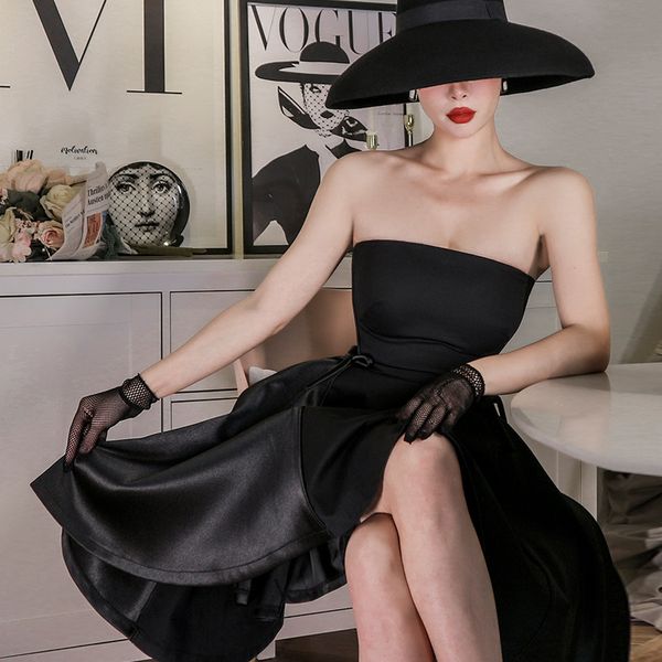 

le palais 2021 original new elegant black splice vintage strapless fashion skinny all-match women's dresses da5m, Black;gray