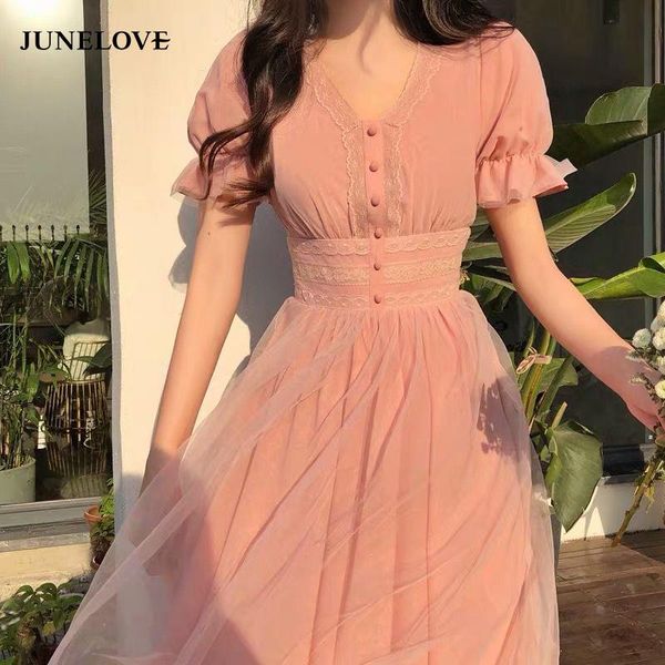 

party dresses junelove summer mesh dress women puff sleeve v-neck a-line slim korean style retro elegant vintage female vestidos, White;black