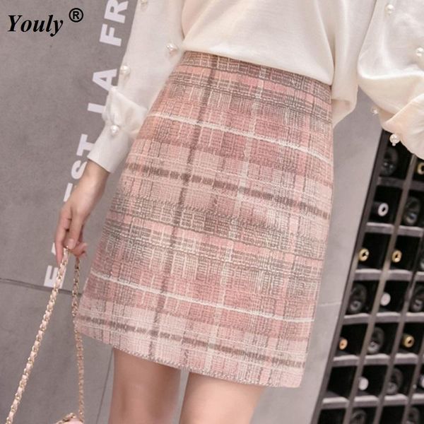 

skirts 2021 women woolen plaid pencil mini skirt autumn winter vintage straight lattice bodycon skater high waist femininas, Black