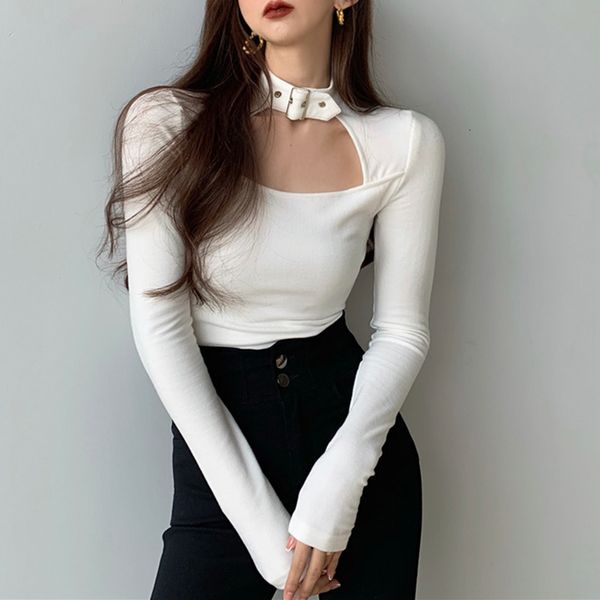 

t-shirt hanging neck tight inside with short long-sleeved bottoms women's spring 2021 new black 9cqa, White