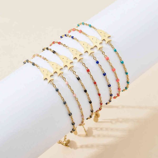 

zmzy 7pcs/set lots whole cute shark charm bracelets for women stainless steel link chain cartoons ocean world jewelry gift, Golden;silver