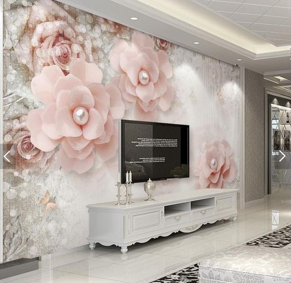 

wallpapers 3d embossed flower european-style simple tv background wall paper living room 5d cloth large fresco