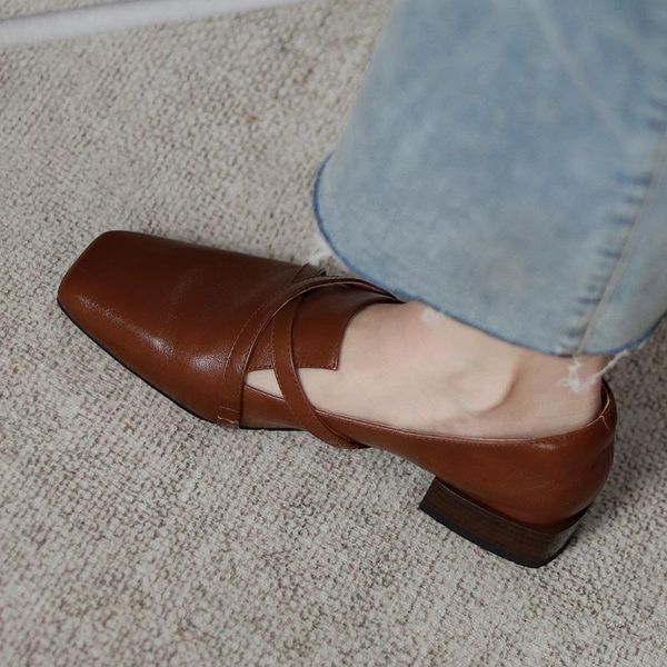 

dress shoes spring and autumn 2021 leather comfortable mid-heel small thick heel square toe deep mouth single women x438, Black