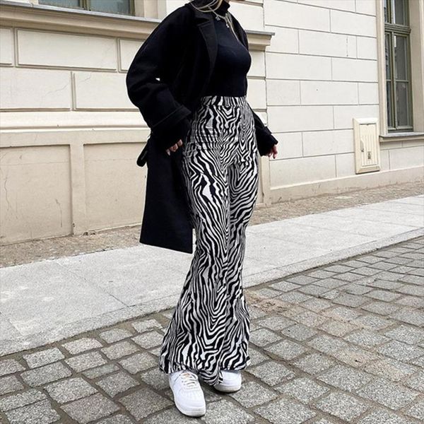 

vintage harajuku zebra striped women pants print flare high waist slim fit street fashion casual wide leg trousers, Black;white