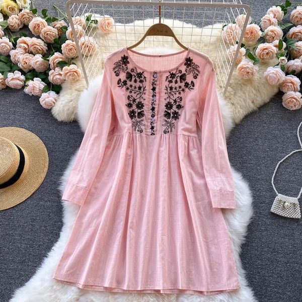 

casual dresses autumn fashion vestidos women's self-cultivation retro embroidery round neck puff sleeve loose mini dress dk1041, Black;gray