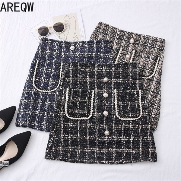 

new spring autumn women clothes tweed skirts slim short mini skirt with two pockets 210310, Black