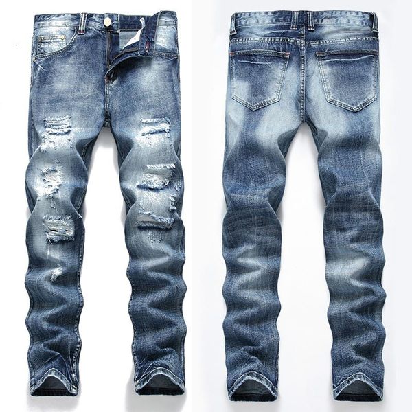 

men's jeans dark blue printed ripped cotton fashion straight