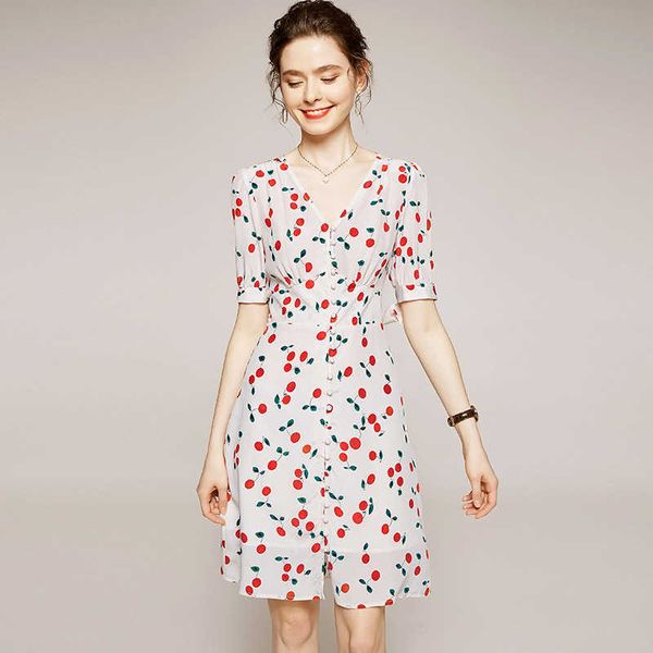 

summer women's 2021 mulberry silk cherry print v-neck 5-sleeve dress mj1954, Black;gray