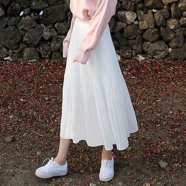 

women vintage pleated midi long skirt female korean casual high waist chiffon skirts summer black white a-line skirt jupe faldas 210309