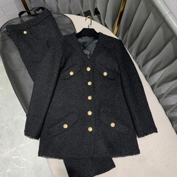 

women's two piece pants 97% wool blends 2 set suits fashion v-neck gold buttons winter jacket with long vintage outfit, White