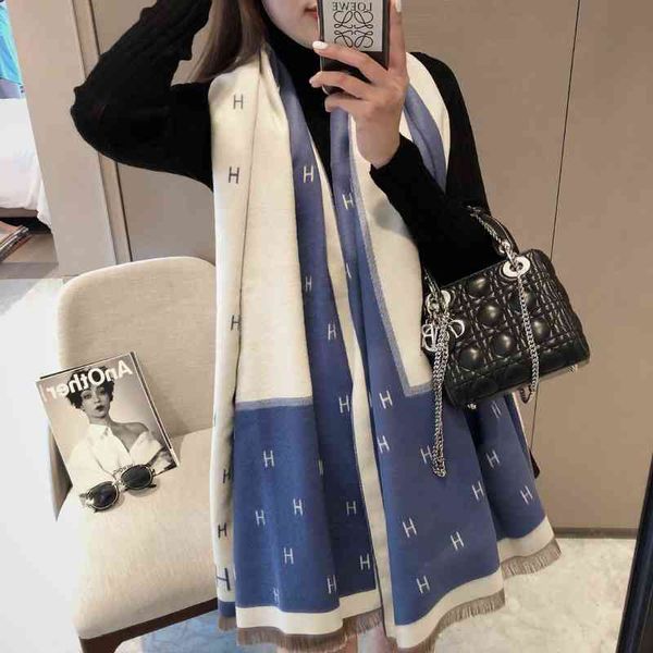 

scarves 2022 autumn and winter imitation cashmere scarf female h letter tassel double-sided shawl thickened warm bib, Blue;gray