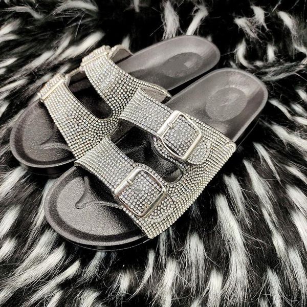 

2021 new large size double buckle diamond cork bottom beach slippers flat bottom casual outdoor wear women's slides beach shoes, Black