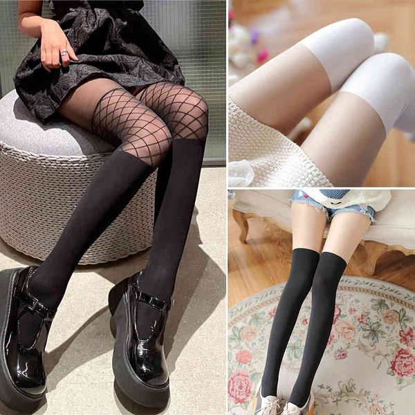 

fake stocking women over knee patchwork spring autumn double colors pantyhose medias female temptation women's tights, Black