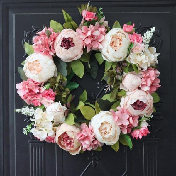 

16 inch peony wreath artificial flower door wreath with green leaves spring for front door decor, wedding, wall, home dec