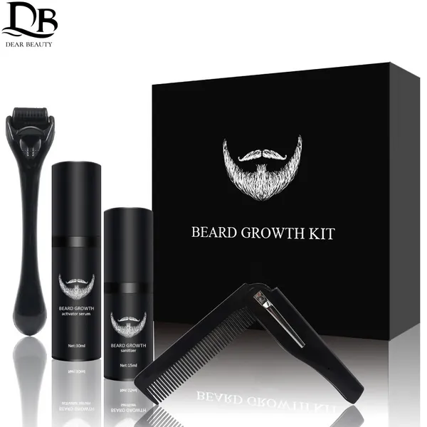 

4 pcs/set men beard growth kit hair growth enhancer thicker oil nourishing leave-in conditioner beard grow set with comb rollers