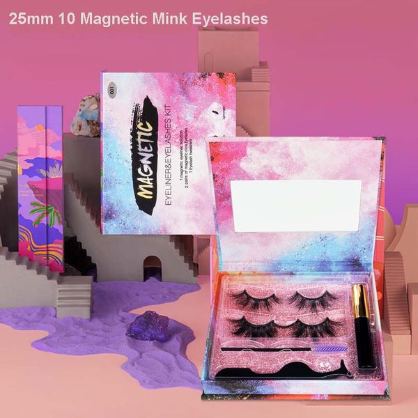

new arrival 10 magnetic 25mm mink false eyelashes set thick long handmade fake lashes with liquid magnet eyeliner drop shipping