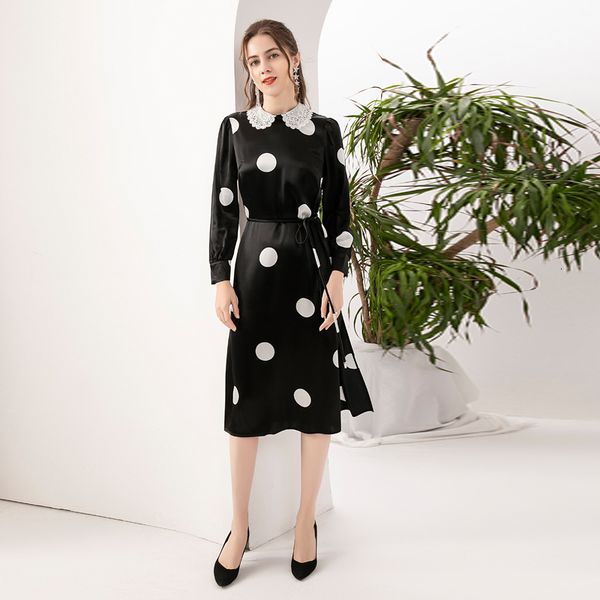 

designer spring autumn new women's elegant retro fashion party embroidery beading patchwork polka dot midi dress obli, Black;gray