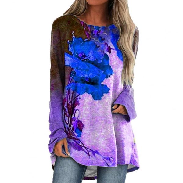 

women's blouses & shirts 2021 women autumn winter blouse flower print loose long sleeve round neck ladies plus size pullover streetwear, White