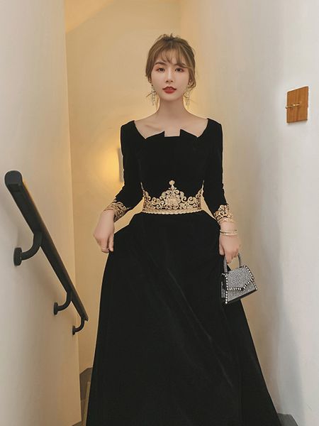 

black vintage square collar long sleeve velvet evening dress brilliant bowknot backless slim prom party gown performance dress, Black;red