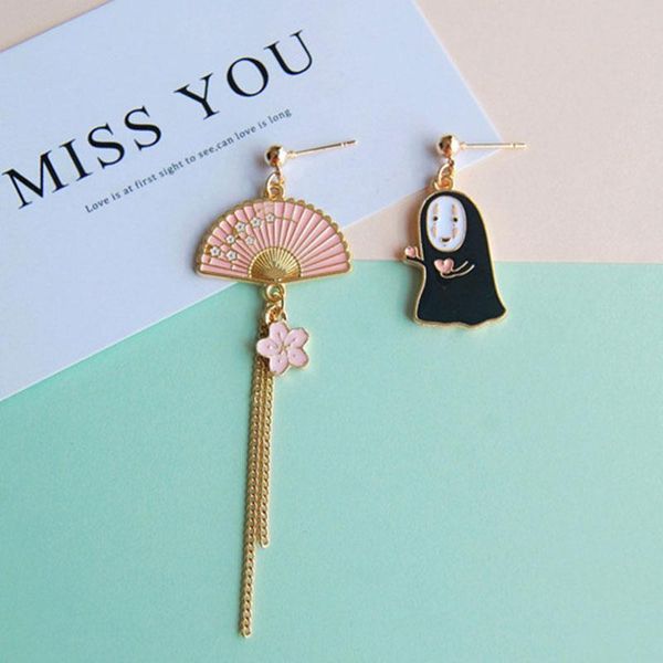 

stud asymmetric earrings fow women temperament long tassel faceless ghost cute pink fan pendant cartoon creative jewlery eg63, Golden;silver
