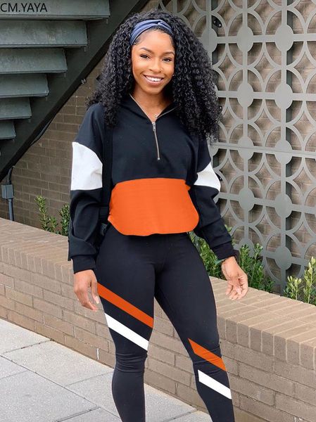 

cm.yaya autumn sport patchwork womens tracksuits set two piece hoodies jogger pants suit tracksuit activewear matching outfit, Gray
