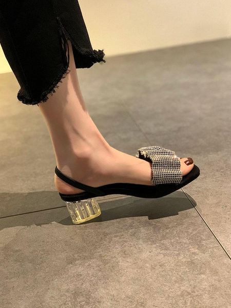 

sandals ins tide slippers women's outer wear 2021 fashion rhinestone net red two-wear summer thick with flip-flops, Black