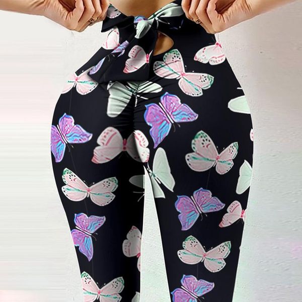 

women's leggings fitness high elasticity sweat-absorbent leopard printing bow knot rope pant waist slim yoga pants women, Black