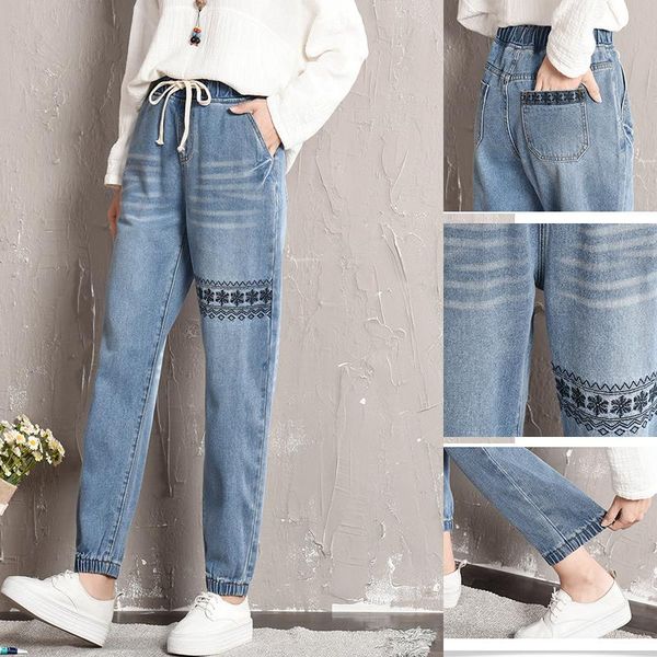 

women's jeans xl-8xl embroidered ladies cropped pants loose leg denim casual high waist harem large, Blue