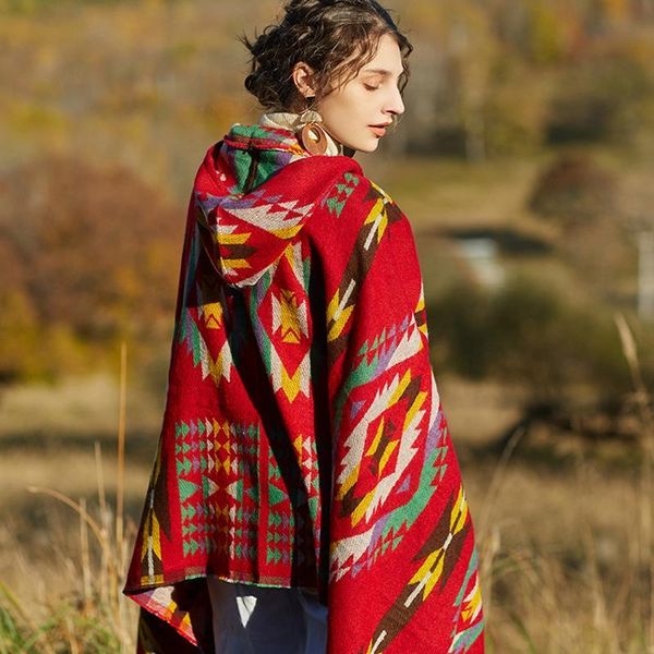 

scarves peruvian poncho with red riding hood women geometric pattern jacquard shawls bohemia retro spring autumn warming big cape hoodie, Blue;gray